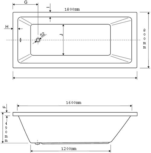 Technical image of Aquaestil Plane Solo Bath.  1800x800mm.