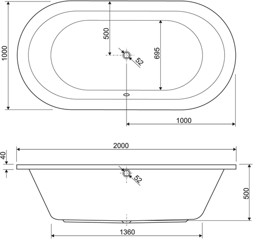 Technical image of Aquaestil Rhein Double Ended Acrylic Bath.  1800x800mm.