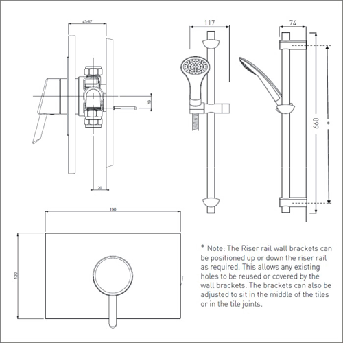Technical image of Bristan Acute Concealed Thermostatic Shower Valve With Slide Rail Kit (Chrome).