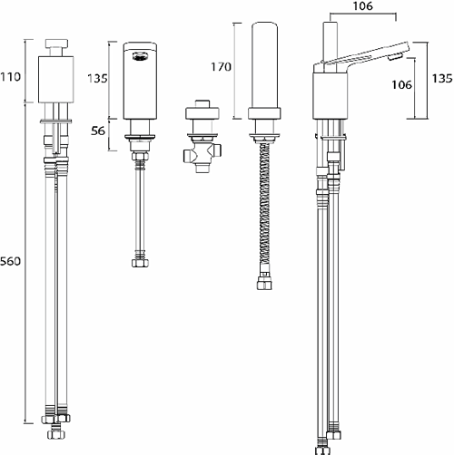 Technical image of Bristan Alp Mono Basin & 4 Hole Bath Shower Mixer Tap Pack (Chrome).