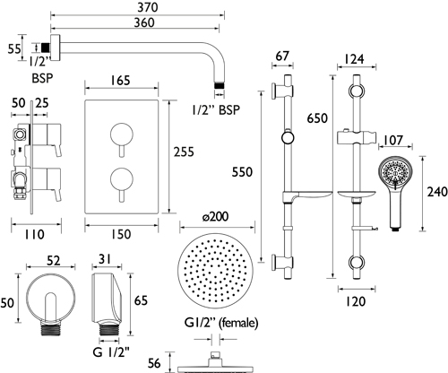 Technical image of Bristan Apelo Thermostatic Shower Pack With Slide Rail Kit (Chrome).