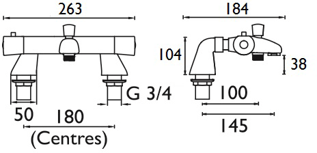 Technical image of Bristan Artisan Thermostatic Bath Shower Mixer Tap (Chrome).