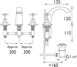 Technical image of Bristan Art Deco 3 Hole Basin & BSM Taps Pack With Ceramic Disc Valves.