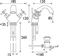 Technical image of Bristan Art Deco Basin Mixer & BSM Taps Pack With Ceramic Disc Valves.