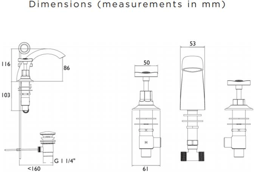 Technical image of Bristan Art Deco 3 Hole Basin & BSM Taps Pack With Ceramic Disc Valves.