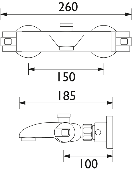 Technical image of Bristan Assure Thermostatic Wall Mounted Bath Shower Mixer Tap.