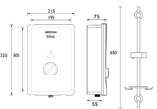 Technical image of Bristan Bliss Electric Shower With Digital Display 10.5kW (Gloss Black).