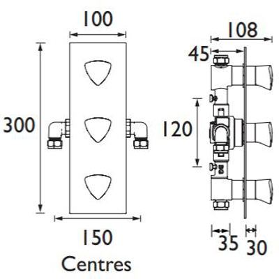 Technical image of Bristan Bright Concealed Shower Valve (3 Outlets, Chrome).