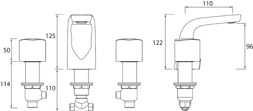 Technical image of Bristan Bright 3 Hole Basin & Bath Filler Taps Pack (Chrome).