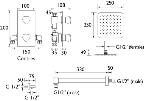 Technical image of Bristan Bright Shower Pack With Arm, Square Head & Handset (Chrome).