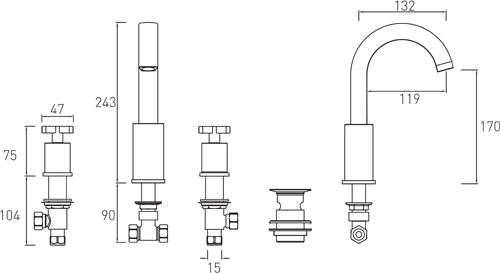 Technical image of Bristan Casino 3 Hole Basin Mixer Tap With Clicker Waste (Chrome).