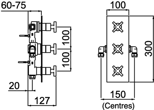 Technical image of Bristan Casino Thermostatic Dual Shower Valve With 2 x Stopcocks.