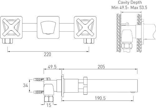 Technical image of Bristan Casino 3 Hole Wall Mounted Basin Mixer Tap (Chrome).