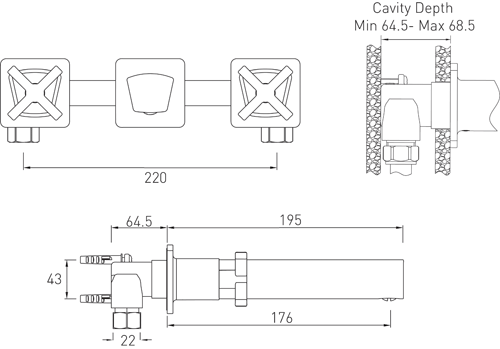 Technical image of Bristan Casino 3 Hole Wall Mounted Bath Filler Tap (Chrome).