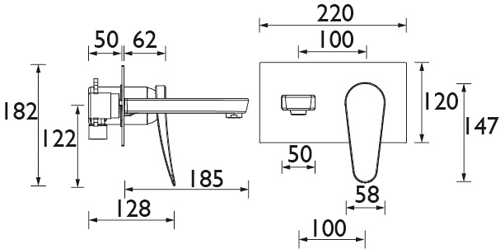 Technical image of Bristan Claret Wall Mounted Basin & Bath Filler Tap Pack (White & Chrome).