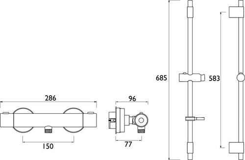 Technical image of Bristan Claret Thermostatic Bar Valve With Adjustable Riser & Handset.