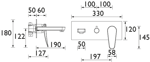 Technical image of Bristan Claret Wall Mounted Bath Shower Mixer Tap (White & Chrome).