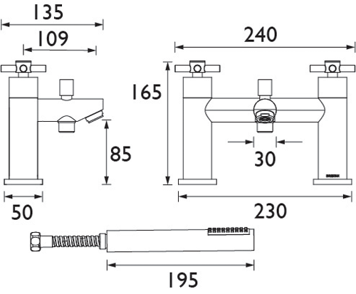 Technical image of Bristan Decade Basin Taps & Bath Shower Mixer Pack (Chrome).