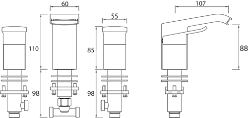 Technical image of Bristan Descent 3 Hole Basin & Bath Filler Tap Pack (Chrome).