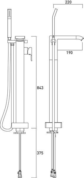 Technical image of Bristan Descent Mono Basin & Floor Standing Bath Shower Mixer Tap Pack.