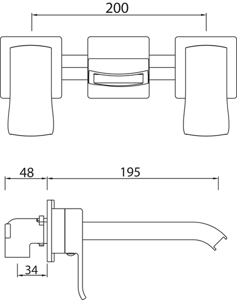 Technical image of Bristan Descent 3 Hole Wall Mounted Basin & Bath Shower Mixer Tap Pack.