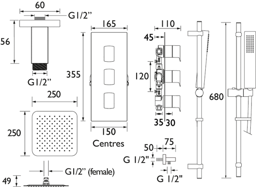 Technical image of Bristan Descent Shower Pack With Arm, Square Head & Slide Rail (Chrome).