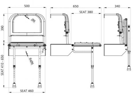 Technical image of Bristan Commercial DocM Shower Seat With 4 X 600mm Grab Rails (White).