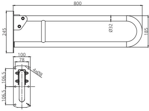 Technical image of Bristan Commercial DocM Shower Seat, 4 X 600mm Rails & Hinged Rail.