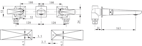 Technical image of Bristan Ebony 3 Hole Wall Mounted Basin & Bath Filler Taps Pack (Chrome).