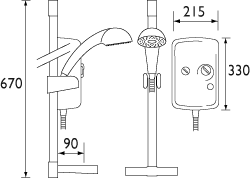 Technical image of Bristan Electric Showers 8.5Kw Electric Shower With Riser Rail Kit, Matt Chrome.