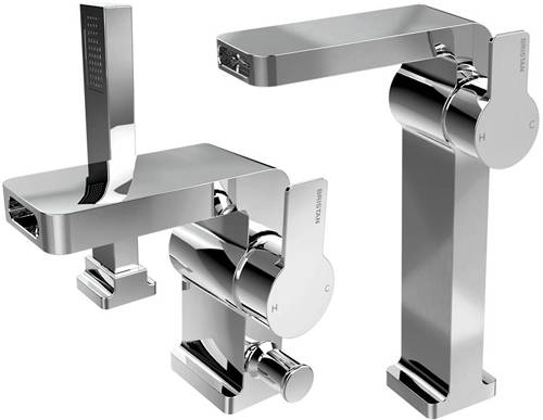 Larger image of Bristan Exodus Waterfall Tall Basin & 2 Hole Bath Shower Mixer Tap Pack.
