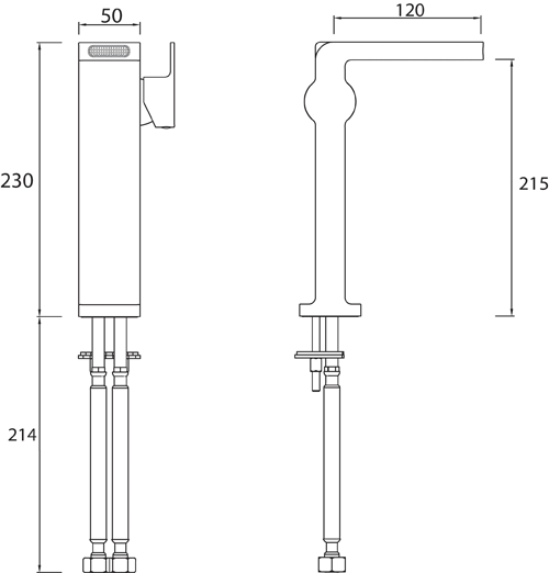 Technical image of Bristan Exodus Waterfall Tall Basin & 2 Hole Bath Shower Mixer Tap Pack.