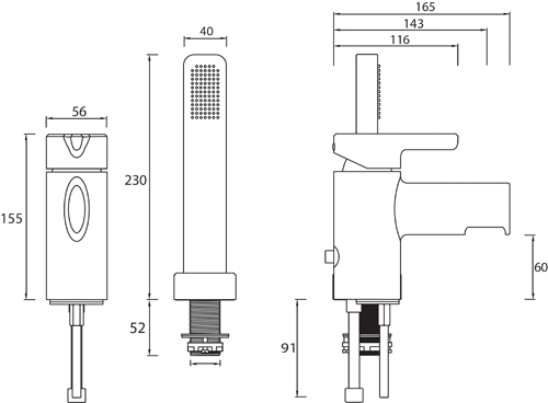 Technical image of Bristan Flute 2 Hole Bath Shower Mixer Tap (Chrome).