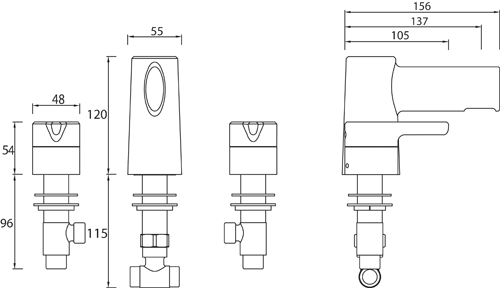 Technical image of Bristan Flute 3 Hole Basin Mixer Tap With Clicker Waste (Chrome).