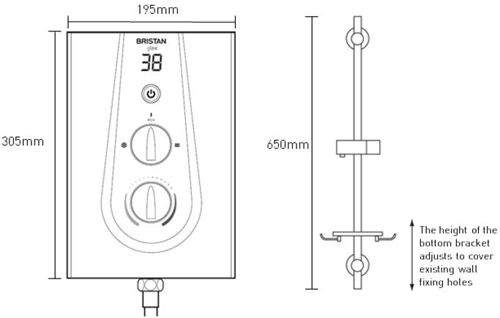 Technical image of Bristan Glee Electric Shower With Digital Display 8.5kW (Black).