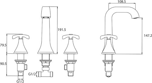 Technical image of Bristan Glorious 3 Hole Basin & Bath Filler Tap Pack (Chrome).