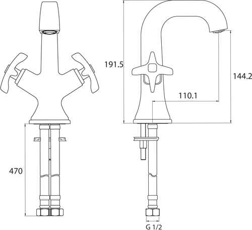 Technical image of Bristan Glorious 5 Hole Bath Shower Mixer & Mono Basin Taps Pack (Chrome).