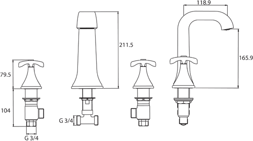 Technical image of Bristan Glorious Mono Basin & 3 Hole Bath Filler Taps Pack (Chrome).