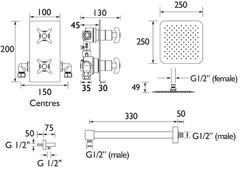 Technical image of Bristan Glorious Shower Pack With Arm, Square Head & Handset (Chrome).