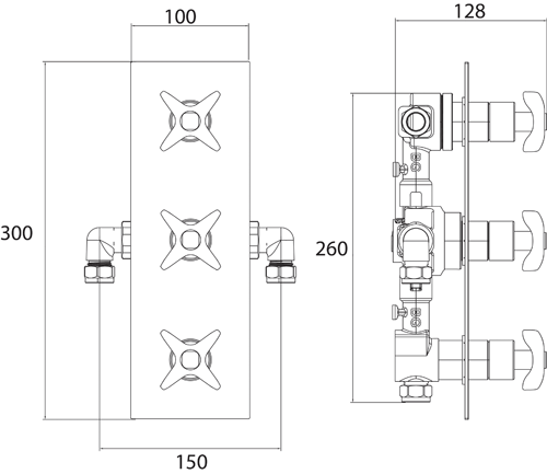 Technical image of Bristan Glorious Concealed Shower Valve (3 Outlets, Chrome).