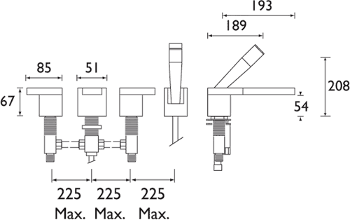 Technical image of Damixa G-Type 4 Tap Hole Bath Shower Mixer Tap With Shower Kit (Chrome).