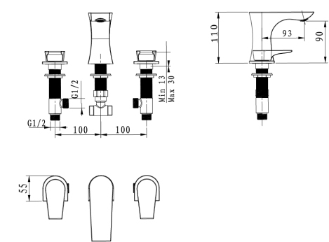 Technical image of Bristan Hourglass 3 Hole Basin Mixer Tap (Chrome).