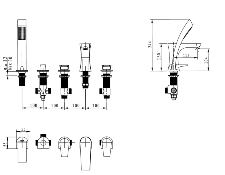 Technical image of Bristan Hourglass 5 Hole Bath Shower Mixer Tap (Chrome).