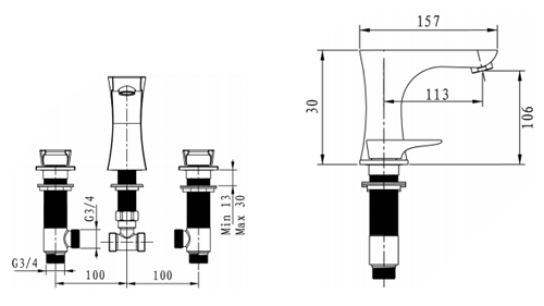 Technical image of Bristan Hourglass 3 Hole Basin & Bath Filler Taps Pack (Chrome).