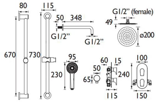 Technical image of Bristan Hourglass Thermostatic Shower Package (Black).