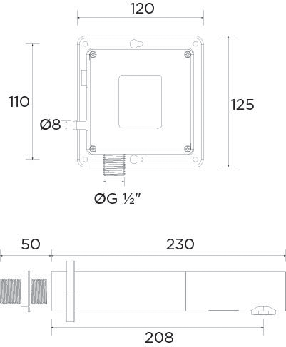 Technical image of Bristan Commercial Wall Mounted Sensor Basin Tap (Brushed Nickel).