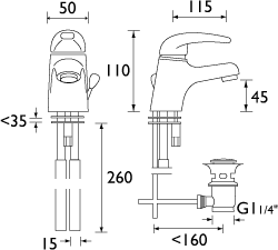 Technical image of Bristan Java Mono Basin Mixer Tap With Side Action Pop Up Waste (Chrome).