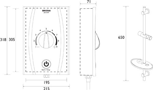 Technical image of Bristan Joy Thermostatic BEAB Electric Shower With Standard Kit 9.5kW (White).