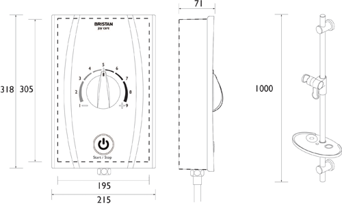 Technical image of Bristan Joy Thermostatic BEAB Electric Shower With Long Kit 8.5kW (White).