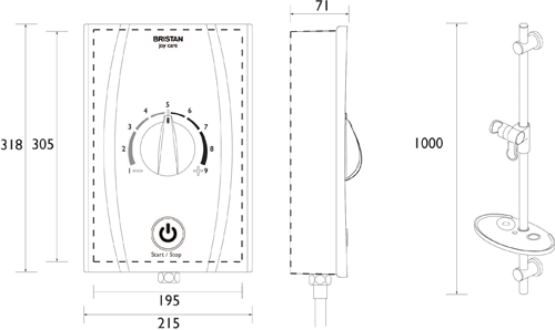 Technical image of Bristan Joy Thermostatic BEAB Electric Shower, Long Kit & Handle 9.5kW (White).